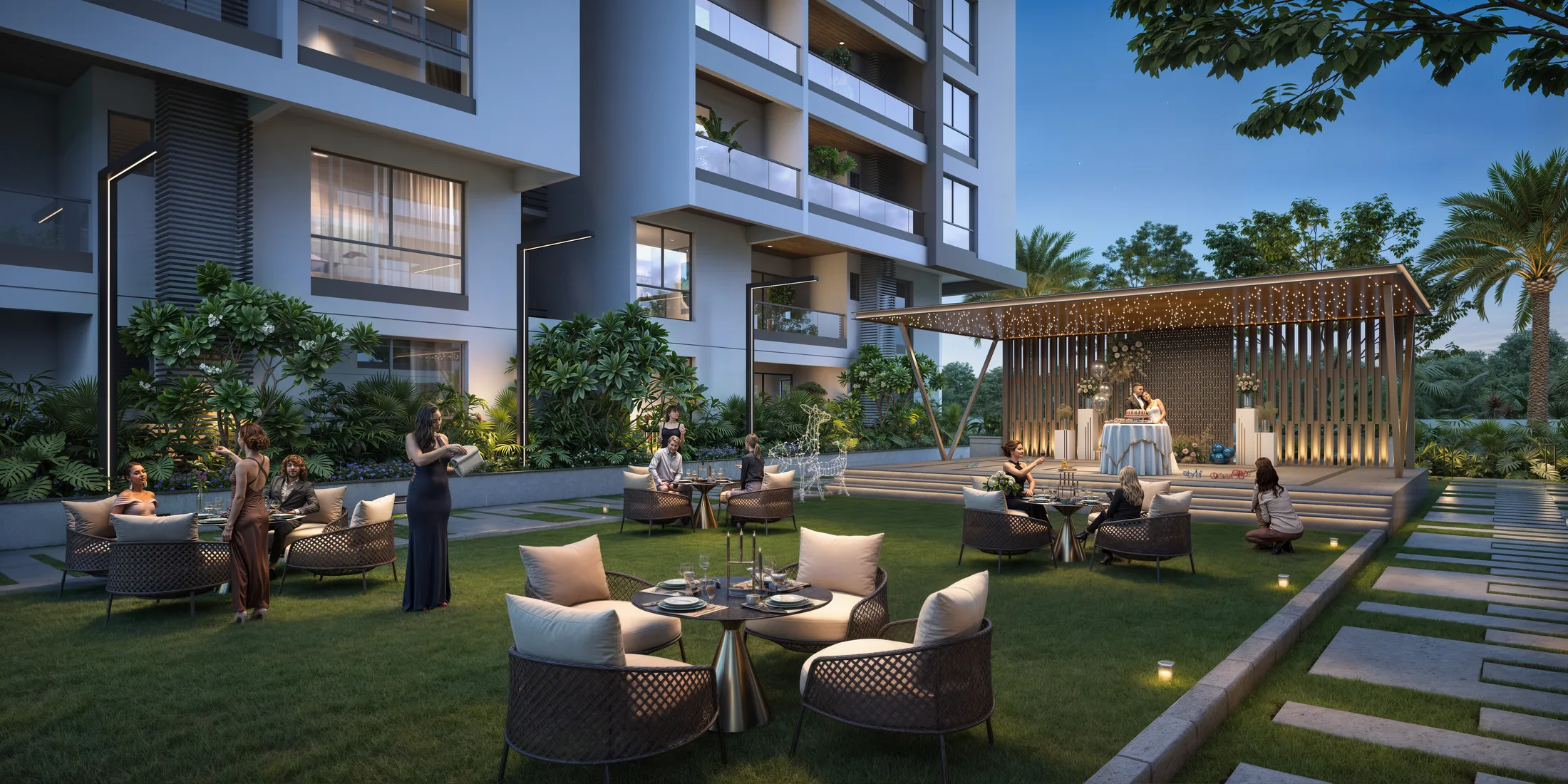 Outdoor garden lounge in the evening