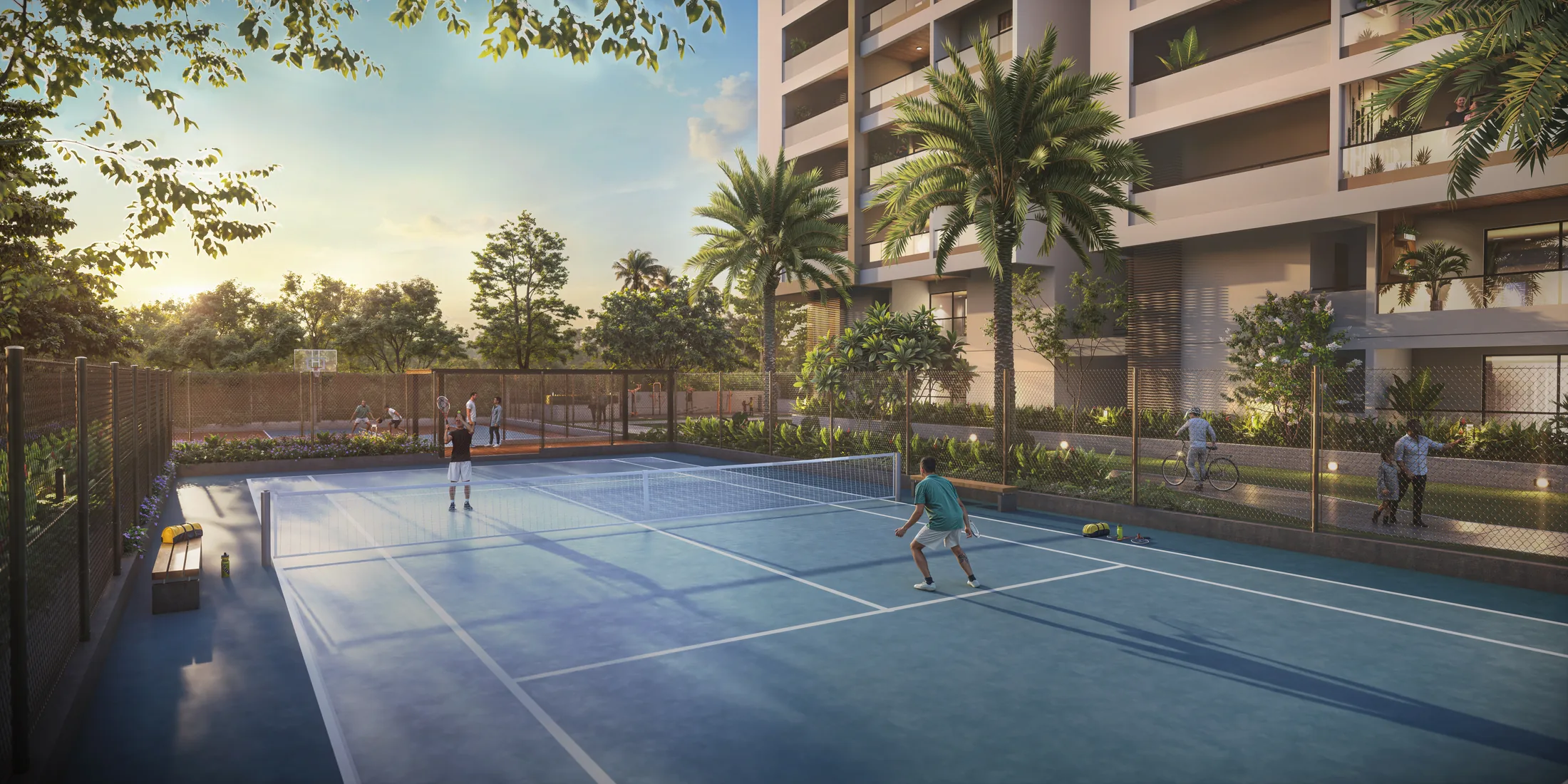 Tennis court at golden hour