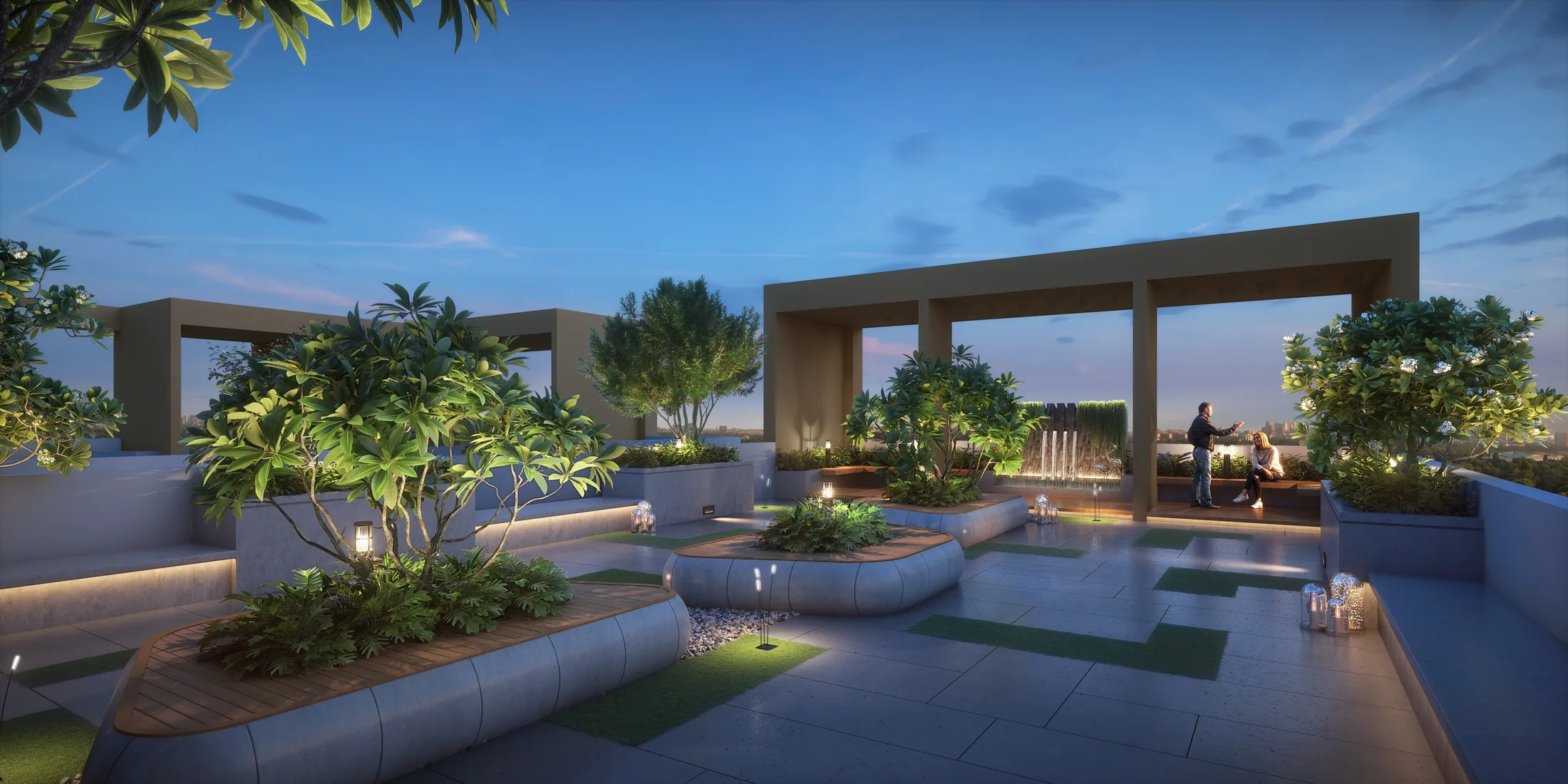 Landscaped terrace garden at dusk