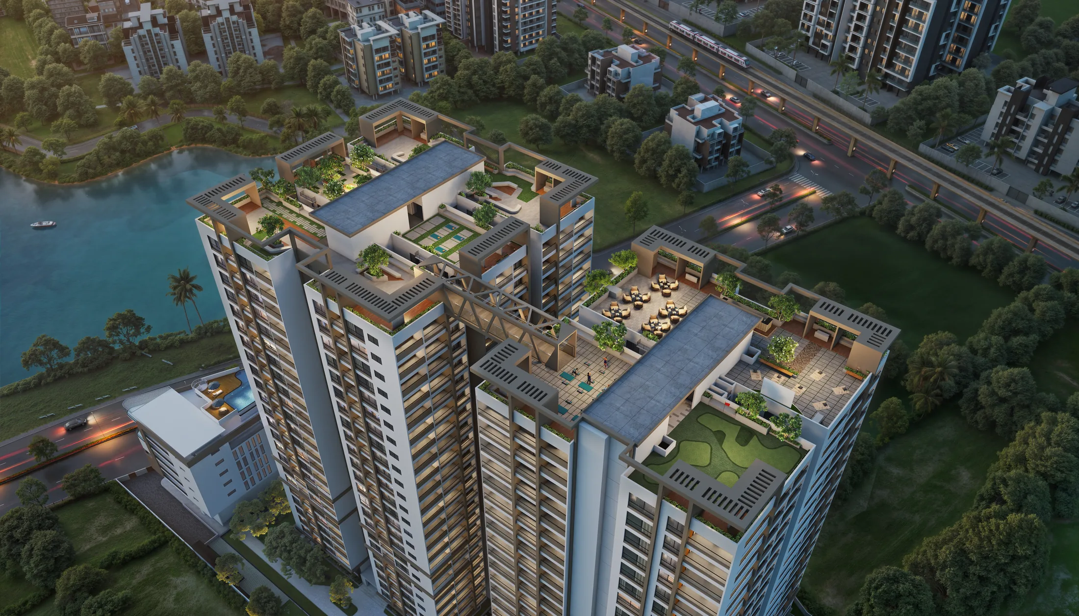 Aerial of the towers at dusk