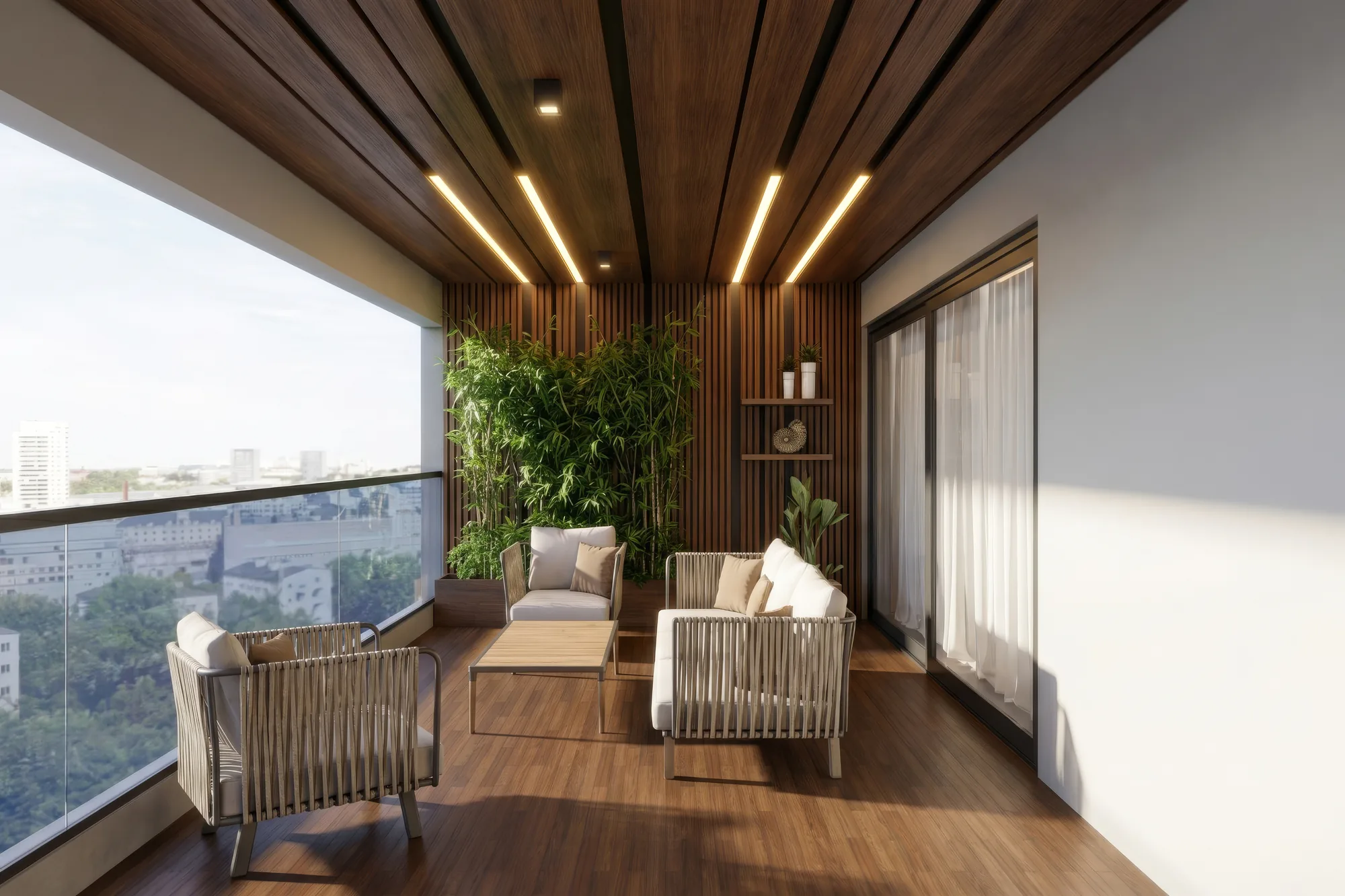 Covered balcony with seating