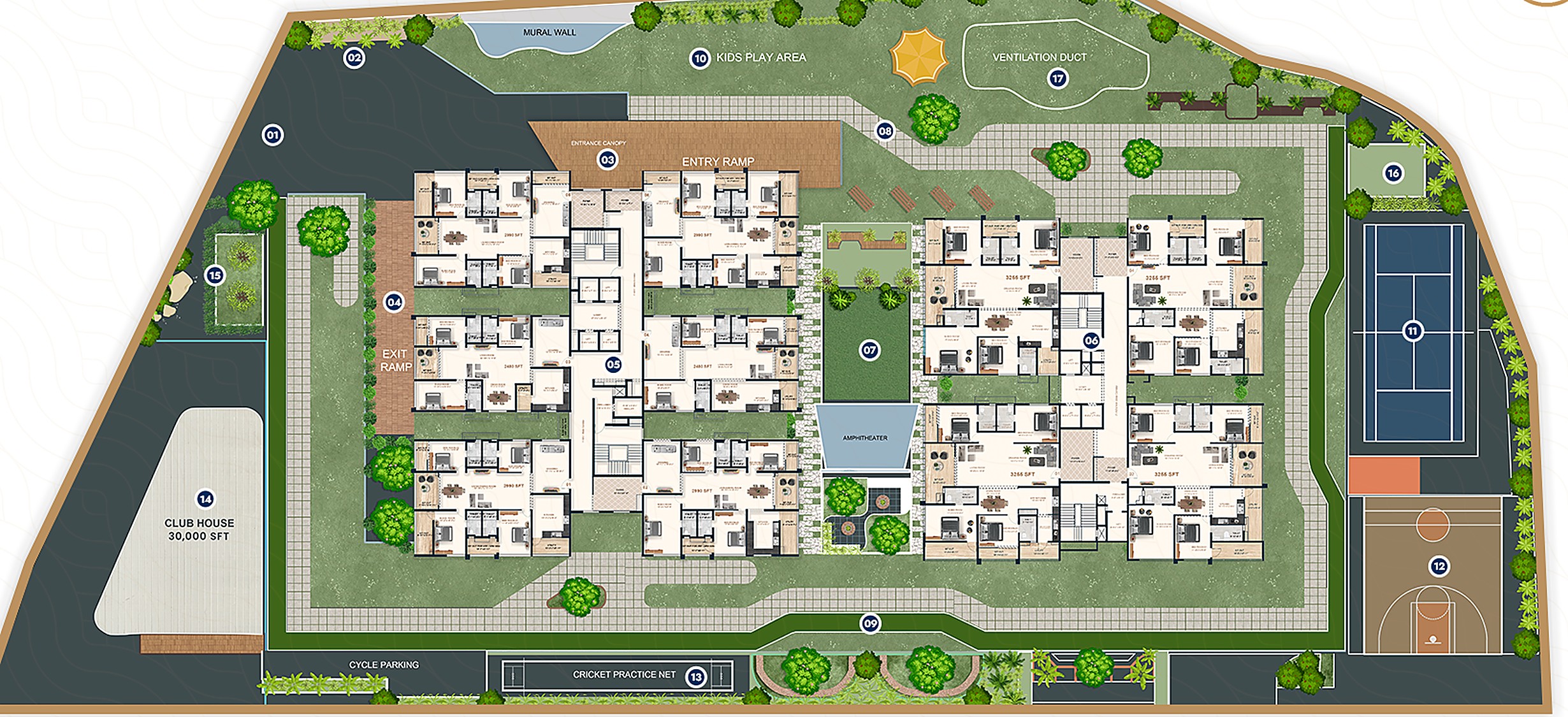 Makuta Taranga master plan — Residential Blocks A & B, clubhouse, courts, temple, jogging track