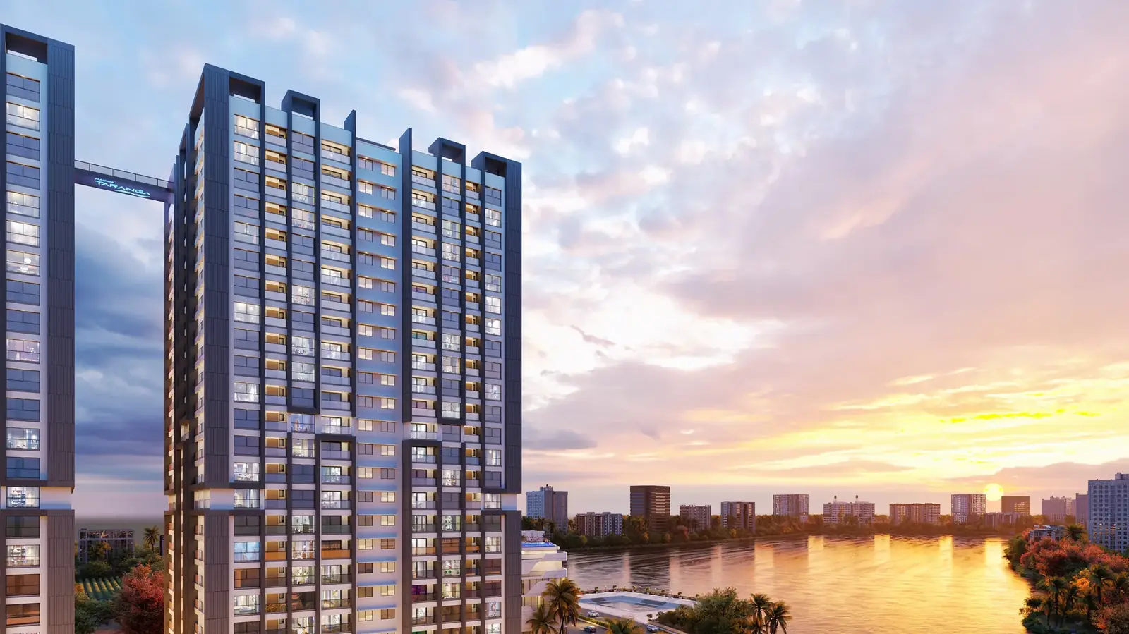 Towers at sunset over the lake